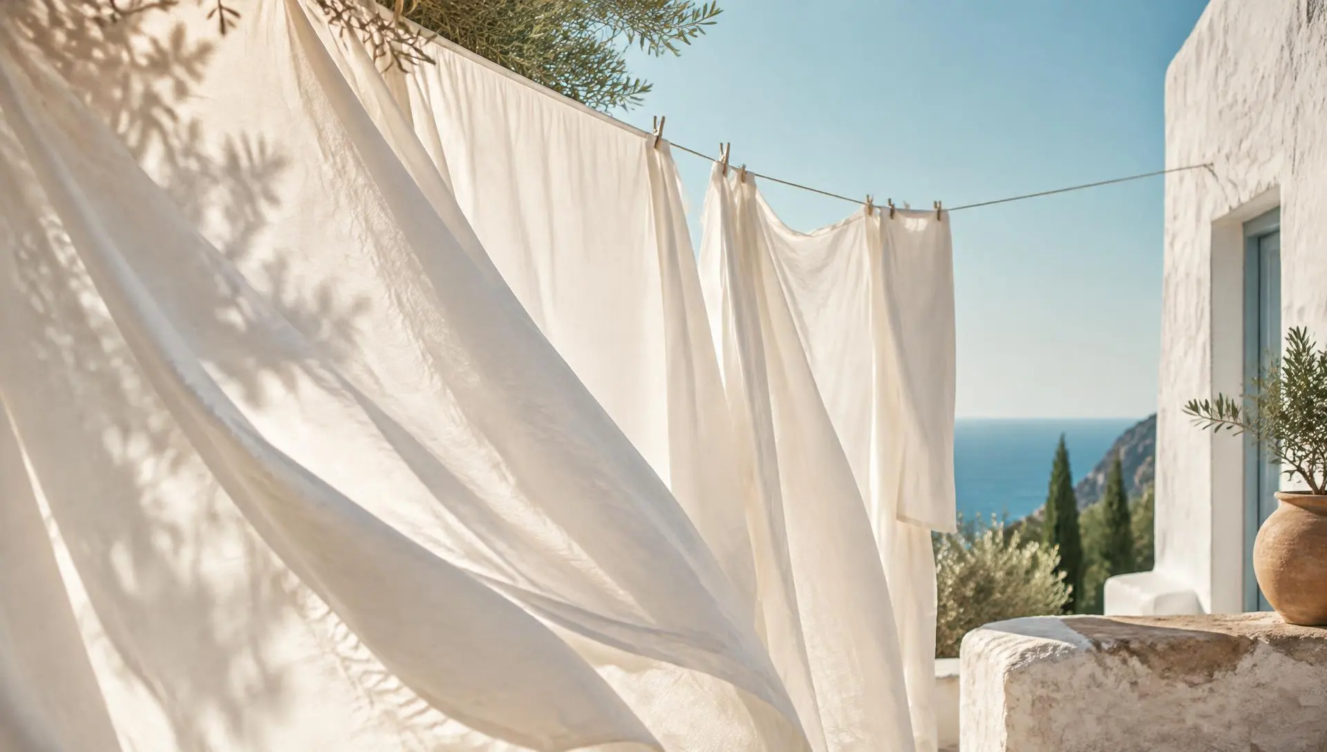 Lenzuola di lino bianco mosse dalla brezza nella luce mediterranea